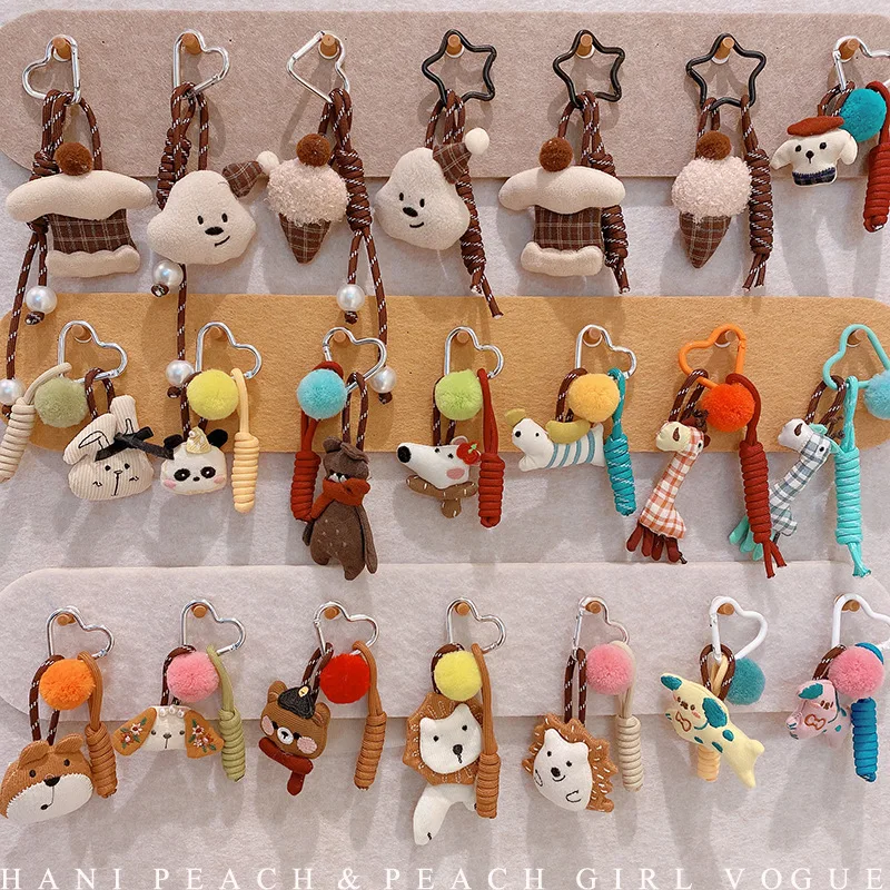 Fabric Forest Animal Doll Car Keychain for Women Nylon Rope Bag Charm Phone Lanyard Lightweight Soft Cute Daily Brown Green