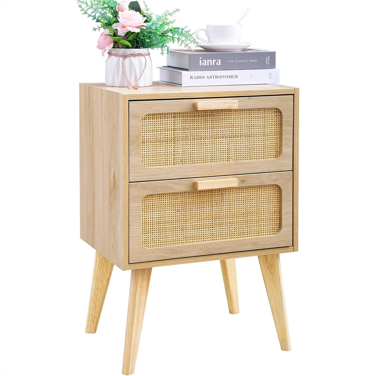 

Rattan Nightstand with 2 Drawers, Boho Wood End Table for Living Room Bedroom, Natural