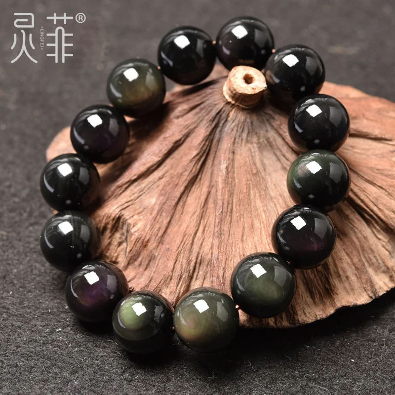 Fidelity Obsidian Bracelet 6-16mm Double Rainbow Eye Black Flare Beads Single Loop Couple for Men and Women Buddha Rosary Health