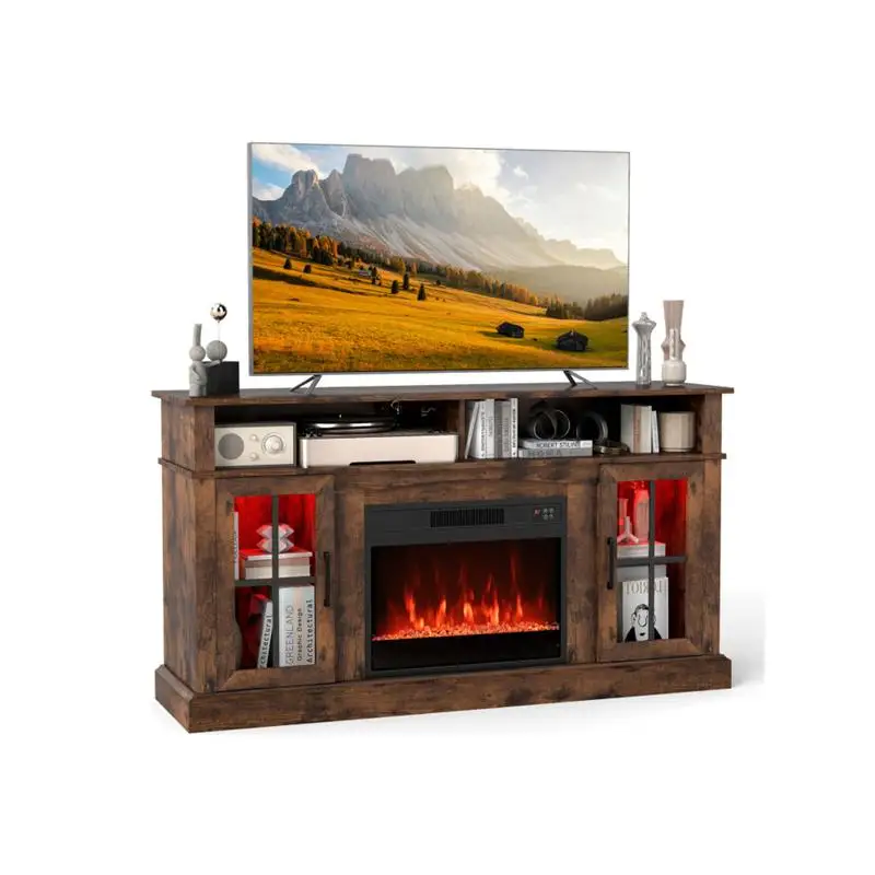 حامل تلفزيون مقاس 58 بوصة مزود بمدفأة RGB - تطبيق ذكي وجهاز تحكم عن بعد، سخان 4777 وحدة حرارية بريطانية (62 ° F إلى 82 ° F) - تصميم بني ريفي #4