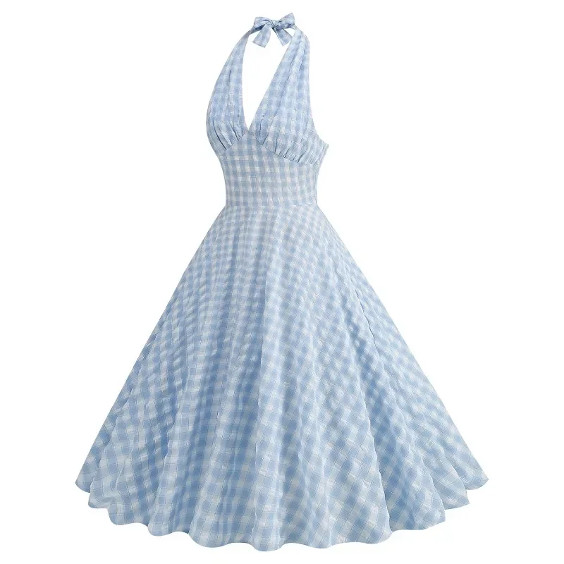 2025 New Hepburn Vintage Blue and White Plaid Holiday Women Summer Dresses Sexy Halter High Waist Fit and Flare Rockabilly Dress