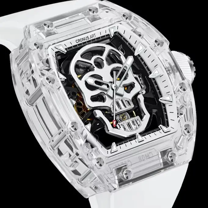 

CRONUSART Men Automatic Watch 50mm Tonneau Mechanical Wristwatch Sapphire Case Luminous Skeleton Skull Dial