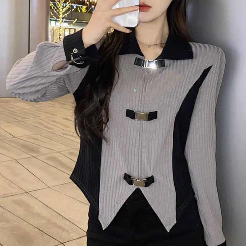 Korean Solid Color Patchwork Shirt Spring Autumn Long Sleeve Women\'s Clothing Commute Polo-Neck Casual Fashion Irregular Blouse