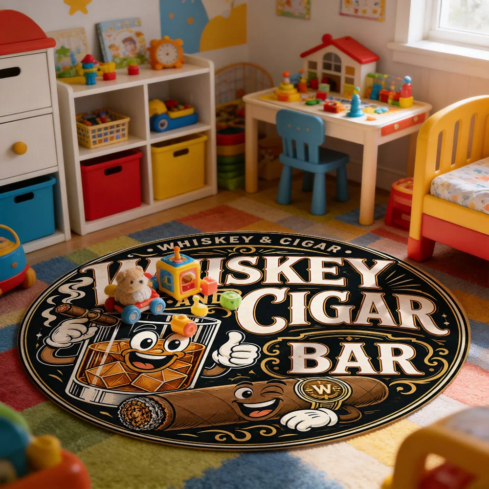 Whiskey and Cigar Bar Theme Round Doormat Welcome Mat for Man Cave Lounge Entrance Decor