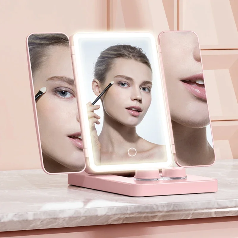 Folding makeup mirror with supplementary light, intelligent LED illuminated desktop vanity mirror, contact lens cleaner