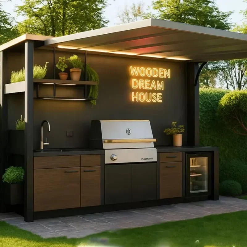 Tailgate Aluminum Grill & Outdoor Kitchen Set with Knob Control Durable BBQ Shed & Kitchen Island for Patio Use