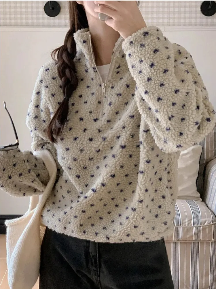 

Корейская зимняя мягкая теплая толстовка с сердечками и в горошек на молнии, свободного кроя, из искусственного меха, для женщин, верхняя одежда