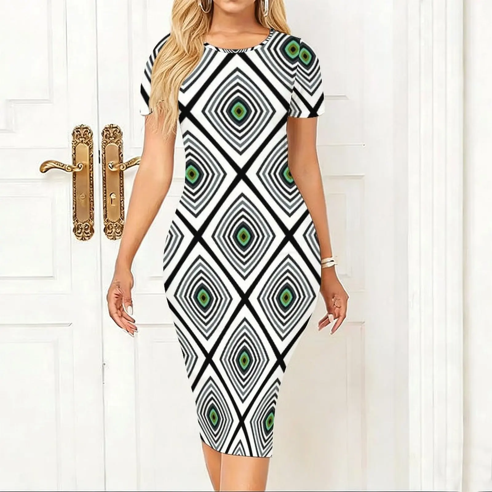 Square Illusion Geometric Pattern Women's Short sleeved Tight Hip hugging Skirt