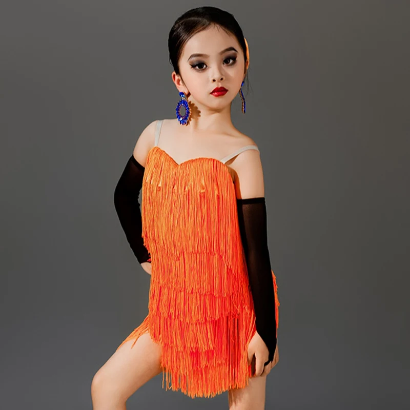 

Kids Latin Dance Dress For Girls Orange Fringe Dress Professional Latin Performance Competition Clothing Cha Cha Dress DNV20619