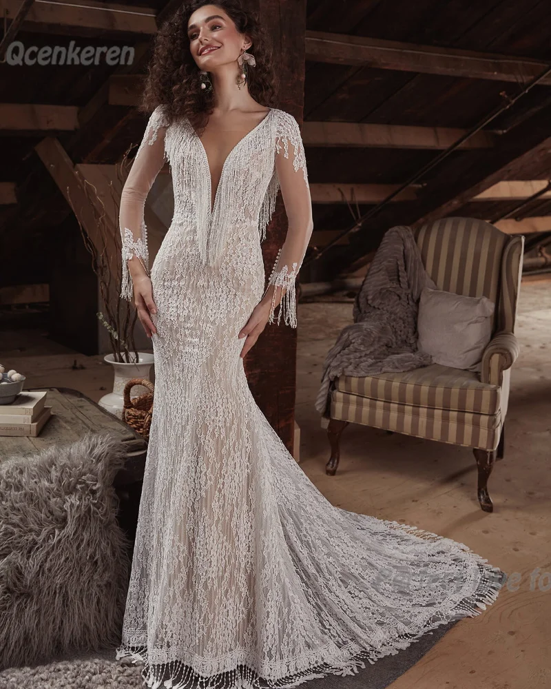 

Qcenkeren Wedding Dress Fashion Elegant Mermaid V-Neck Backless Bridal Dress With Lace Appliques Zipper Up Robe De Women 2024