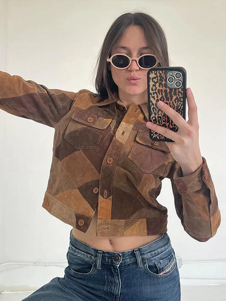 

Loose Jackets Female Autumn Chic Casual Outwear Fashion Lapel Single Breasted Short Coats Women Casual Long Sleeve Patchwork