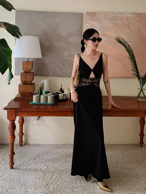 Ele الدانتيل إدراج انظر قوية الجوف خارج با التخسيس مثير الساتان طويل الدكتور الخامس ني عالية الخصر فاي الذيل ثوب ملابس غير رسمية