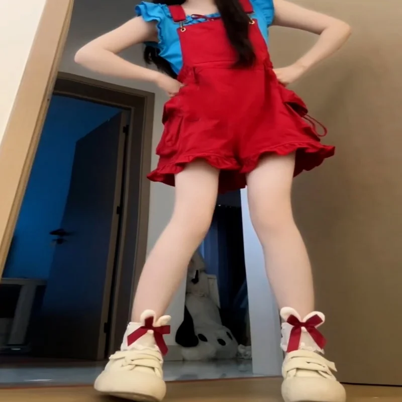 

Summer Women Sweet Cute Japanese Style Blue Top And Overalls Set Loose Fashion Sissy Club Bar BF Private Party