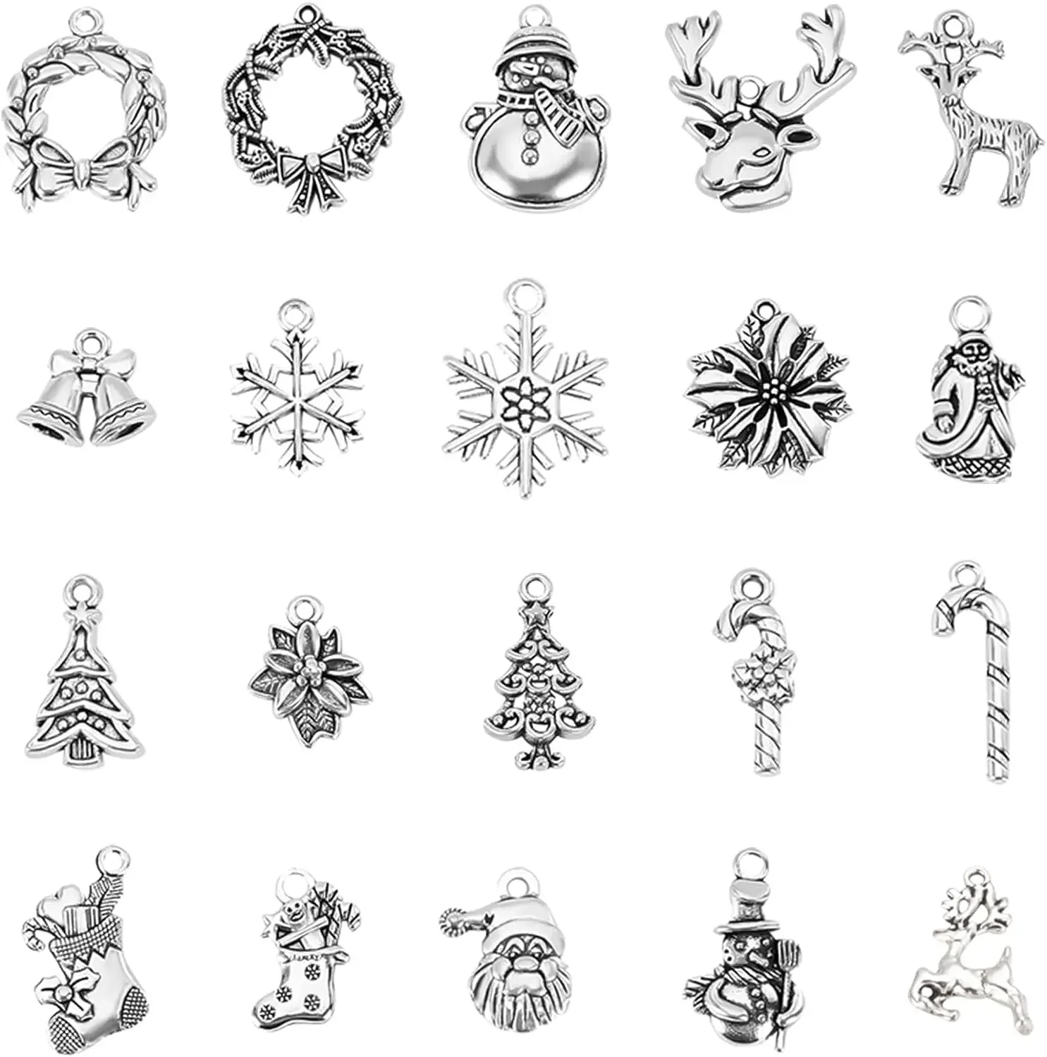 

60Pcs Tibetan Style Alloy Christmas Charms Santa Claus Snowman Reindeer Charm Bulk Snowflake Charms for Jewelry Making Candy