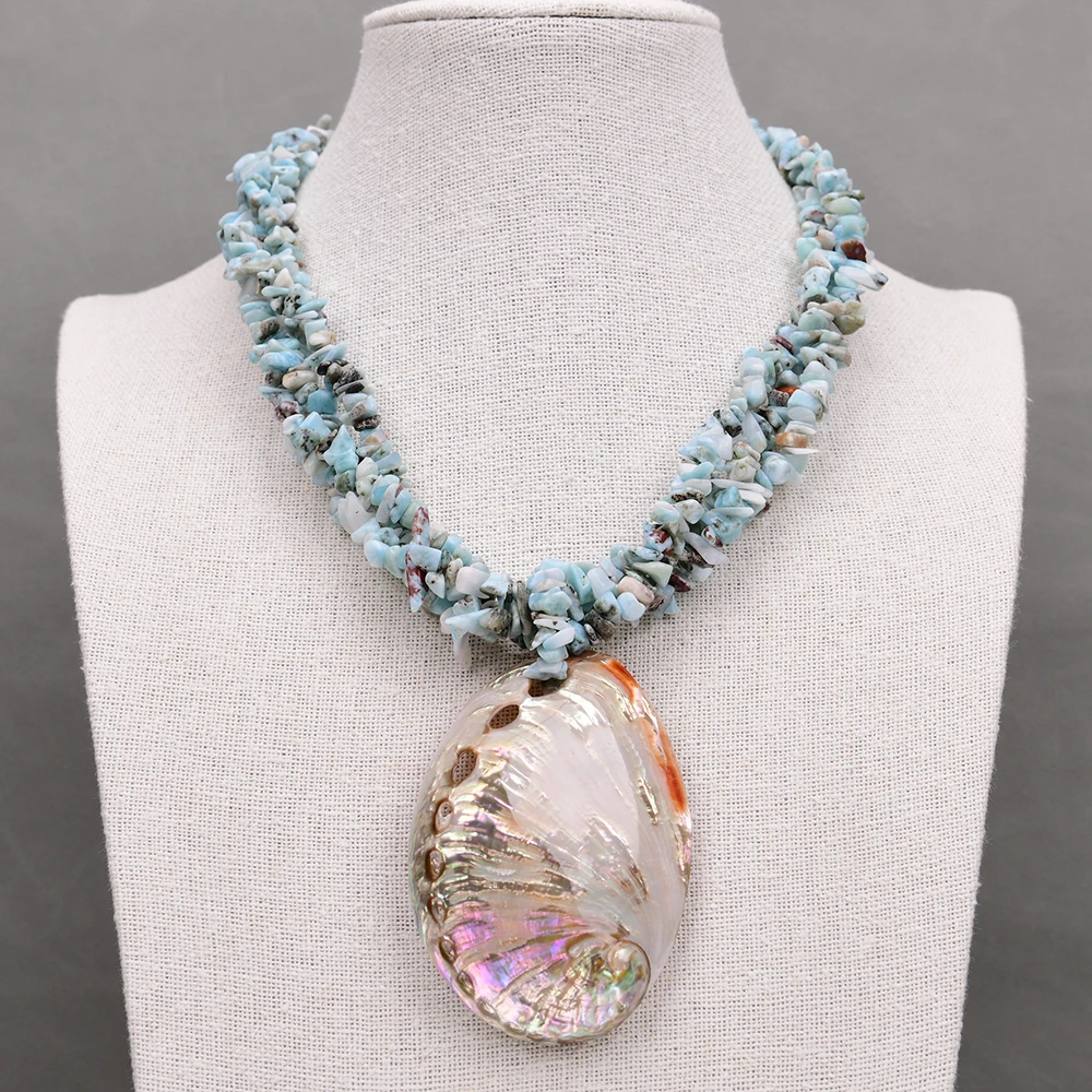 G-G 3 Rows Natural Blue Larimar Stone Chips Necklace Big Mix Color Abalone Shell Pendant 19" view 2