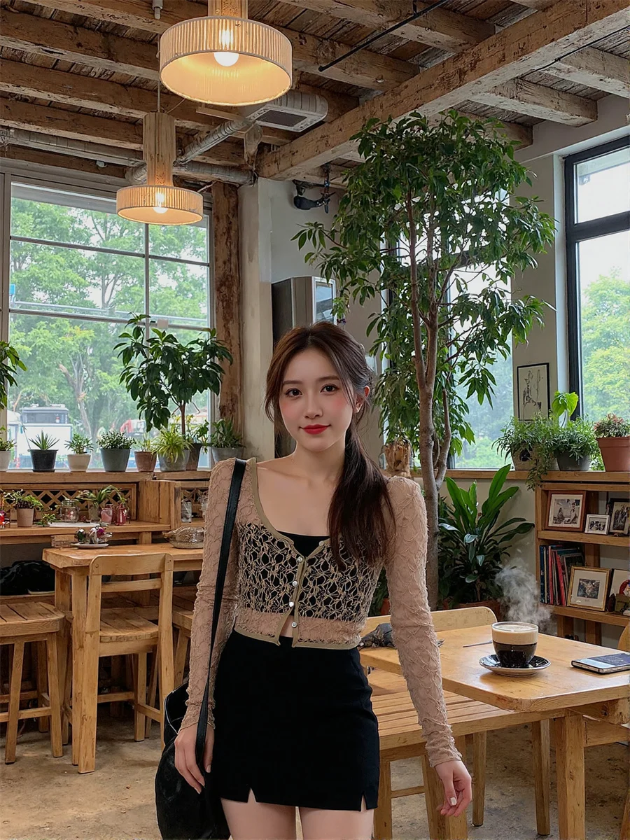 Dames feestoverhemden met lange mouwen Dames Wit Gehaakt O-hals Ronde kraag Knop Voorkant Eenvoudig Basic Minimalistisch Mode Casual Tops