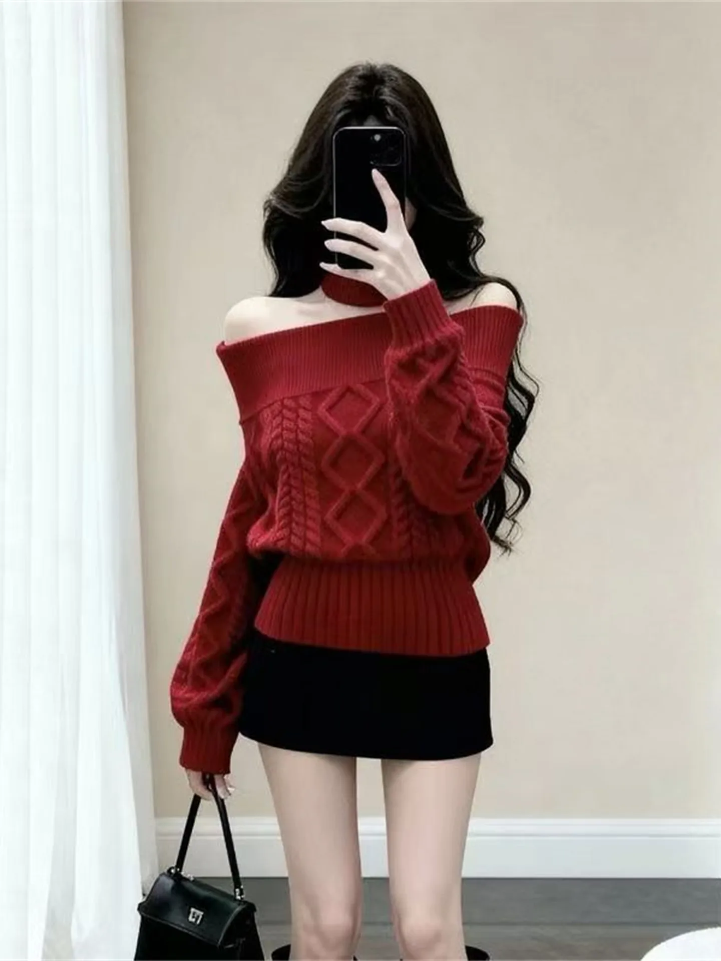 

Red One-oulder Sweater Women's Loose Slimming Knitted irt ort Top New Year's Faion Casual Commute Sle Long Sve