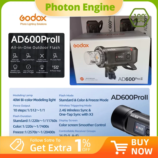 Flash externo sem fio Godox TTL de alta velocidade, 600W, modelo AD600Pro II, com sincronização e compatível com câmeras Canon, Nikon, Sony e Olympus.