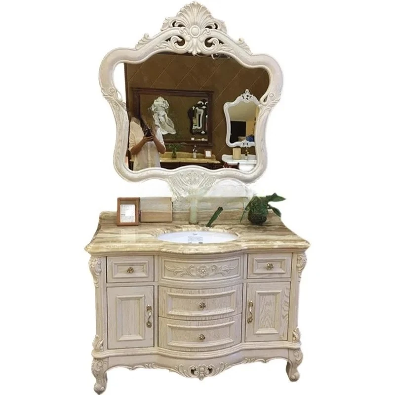 

European red oak bathroom cabinet solid wood antique bathroom cabinet American washstand marble floor washbasin
