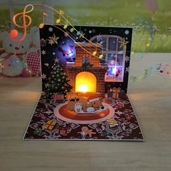 1PC Christmas Blessings Music Lights Projection Elderly Fireplace 3D Stereoscopic Greeting Card Paper Sculpture New Year Card