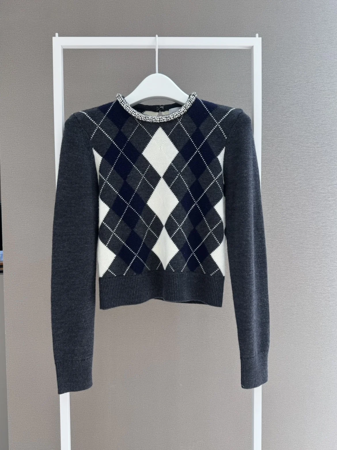 

Heavyweight Diamond Pattern Knitted Sweater Long Sve Rhinestone Collar College Sle Women's Faion Autumn Winter Polyest...