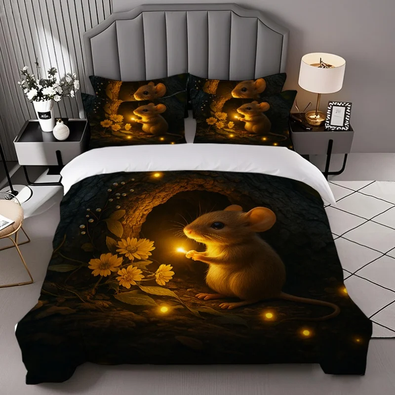 Christmas Duvet Cover Set Cute Rabbit Hope Flower 100% Polyester Fiber Duvet Cover Ultra Soft Brushed Bedding for Bedroom Hotel Dormitory