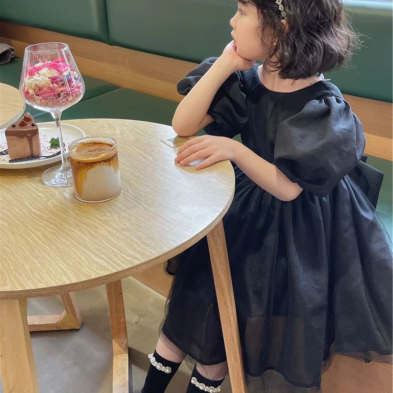 Girls Princess Dress New Korean Version Clothing Summer New Children\'S Temperament Black Dress Backless Puff Sleeves Swing Dress