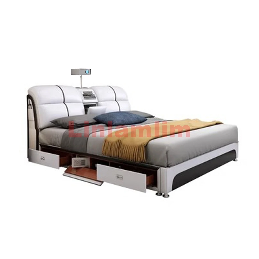 Linlamlim Tech-Smart Multifunctional Bed Genuine Leather Ultimate Camas Tatami Lit with Massage, Projector, Air Purifier,Speaker