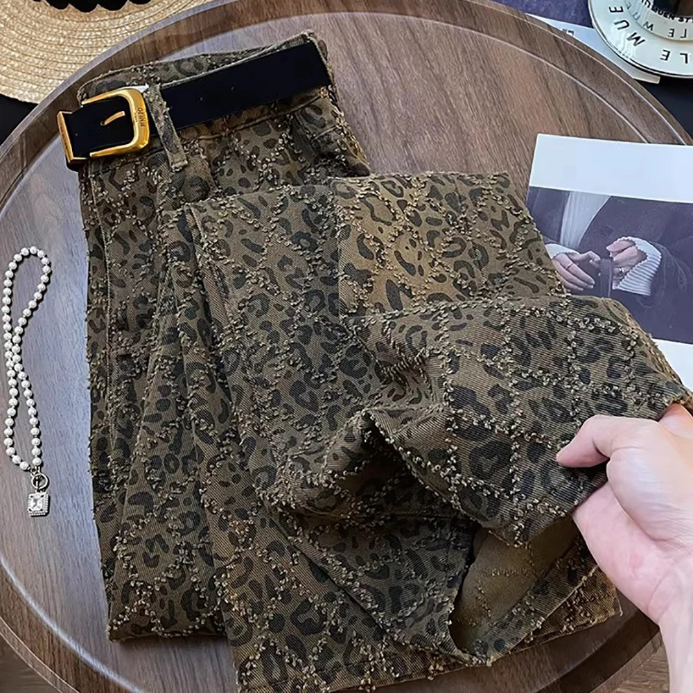 American Retro Leopard Denim Pants Women's High Street High Waist Straight Wide Leg Jeans Commute All-Match Long Trousers