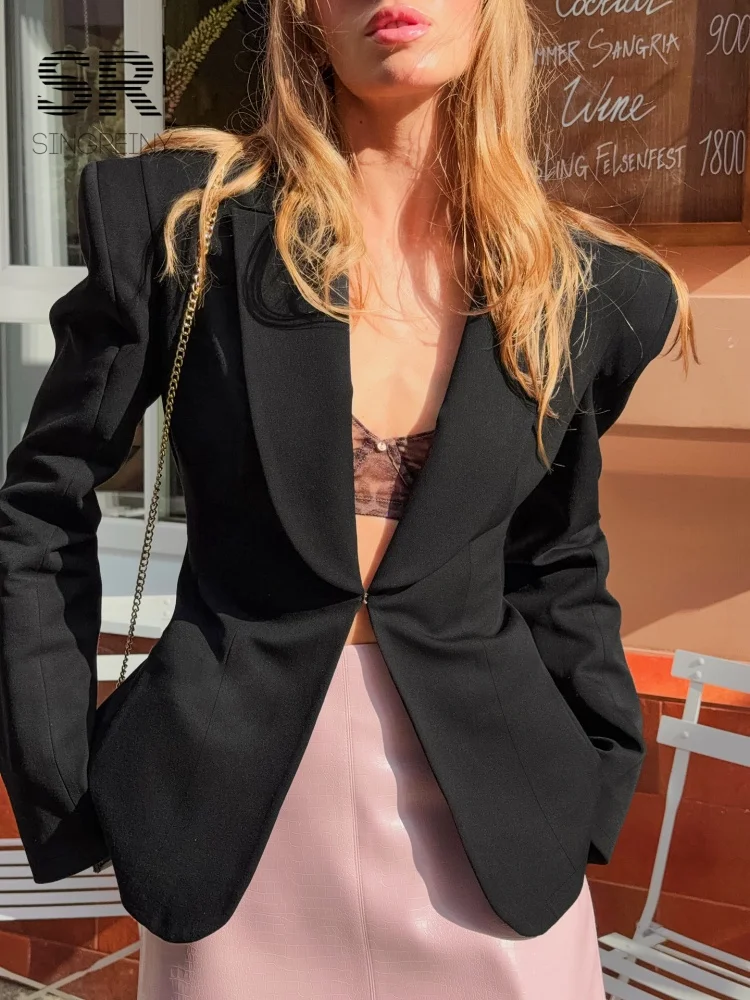 SINGREINY Autumn Lapel Long Sleeves Black Blazer 2026 Women High Quality Fashion Single Button Casual Evening Party Outerwear