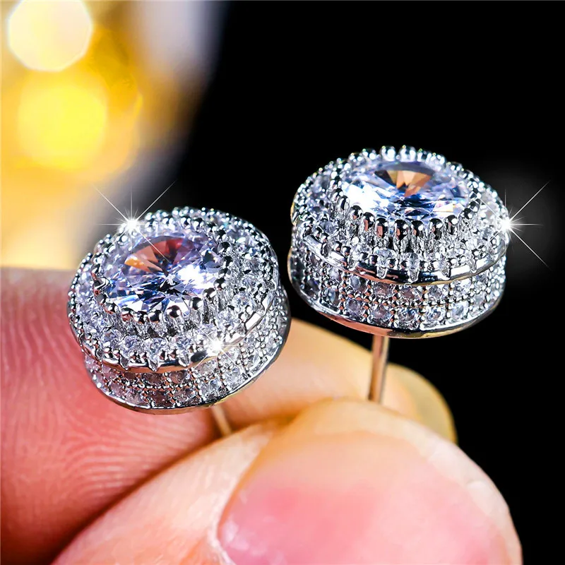 Luxury Female Crystal White Round Zircon Stud Earrings Vintage Silver Color Wedding Fashion Jewelry For Women