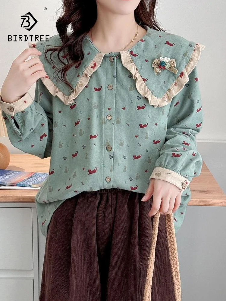 

Новая осенняя хлопковая рубашка с длинными рукавами 2025, женская рубашка с воротником Питера Пэна и кошачьим принтом, свободная блузка Mori Girl Age Reduction T5O675CC