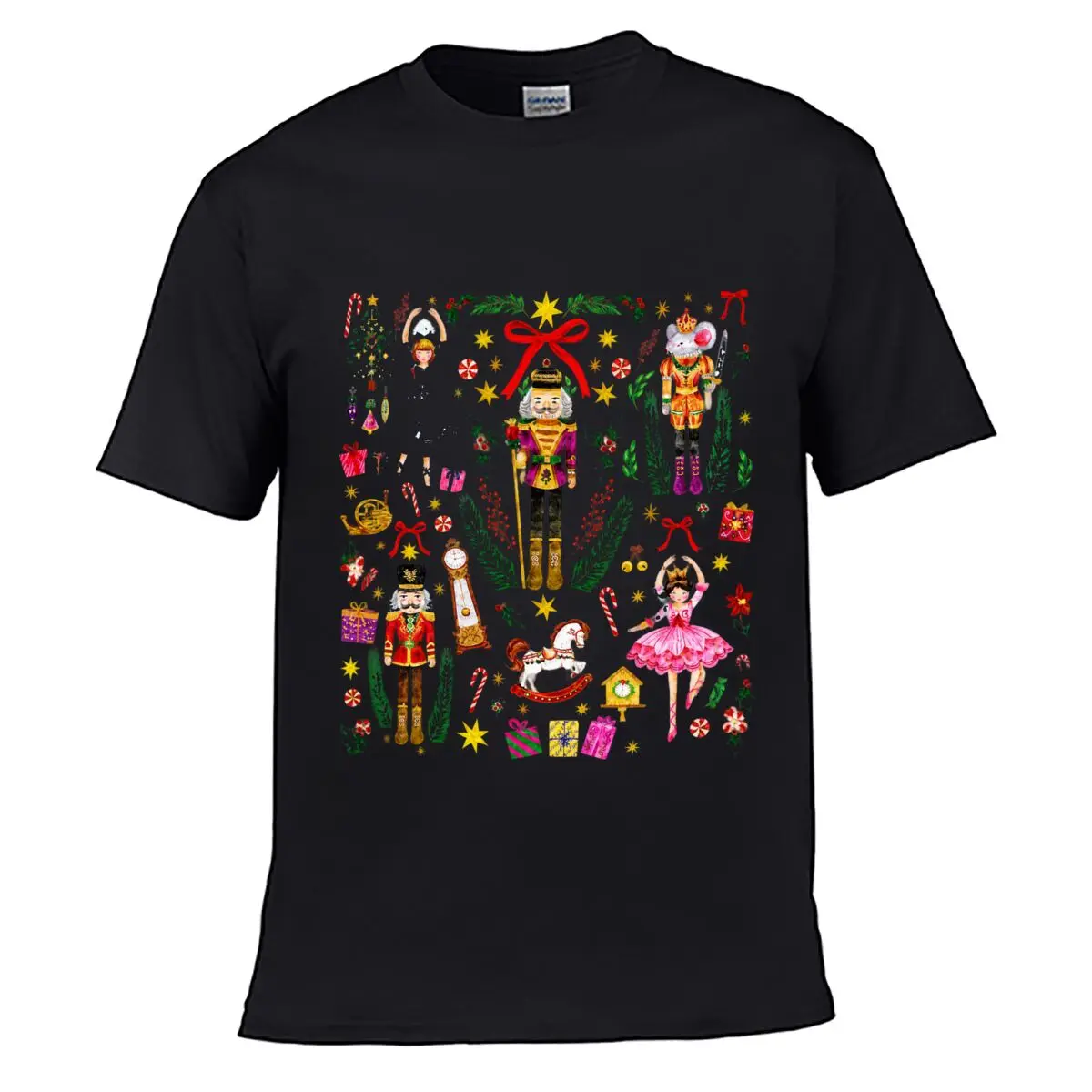Christmas Nutcracker Ballet Toy Soldier Holly Berry Candy Cane Floral Pattern short-sleeved T-shirt
