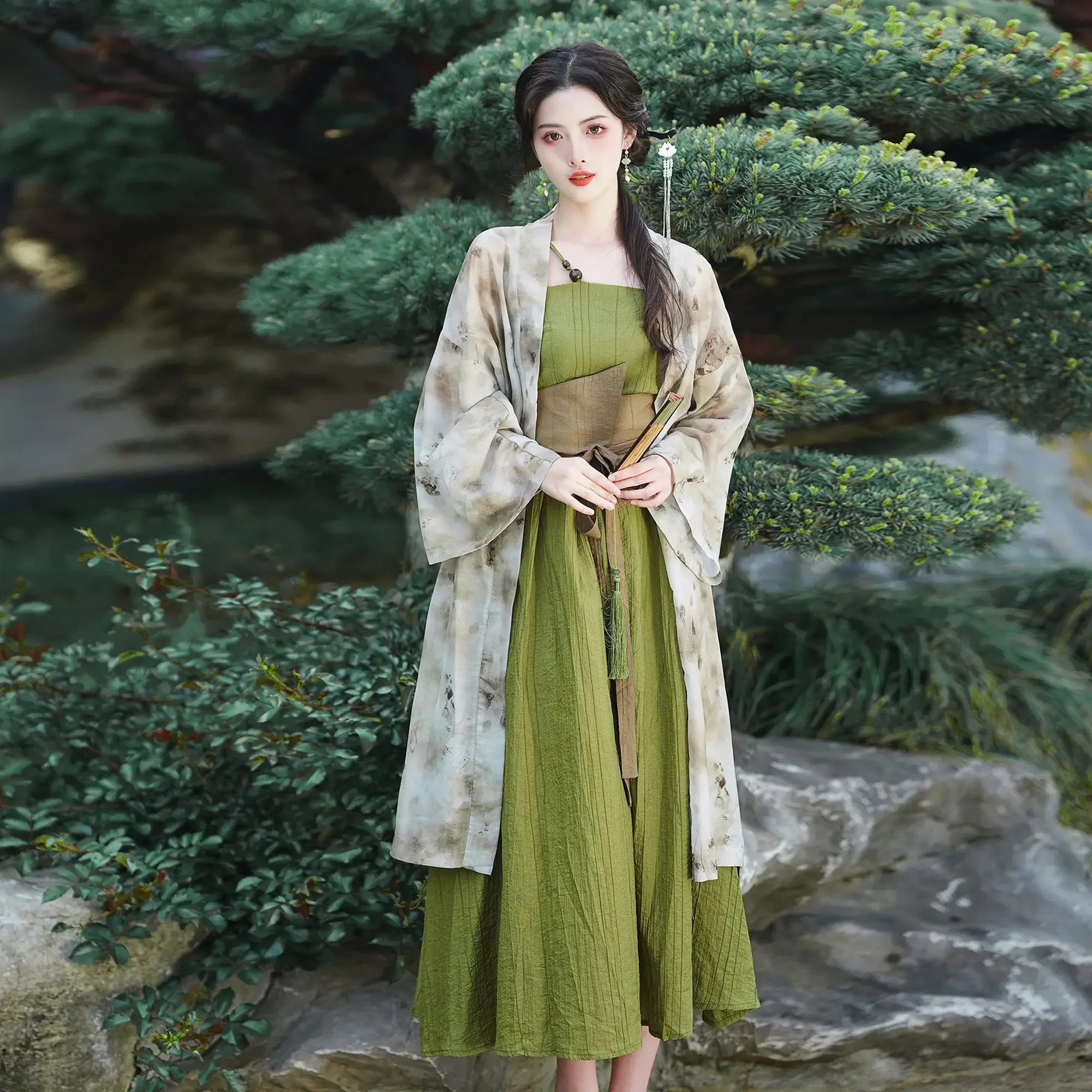 

Summer Improved Modern Green Suspender Skirt Printed Cardigan Hanfu Dress Suit Chinese Costume for Female Elegant Evening Dress