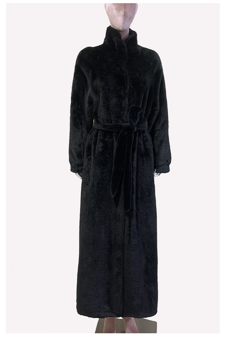 Nerazzurri Winter Extra Long Black Fluffy Thick Warm Soft Faux Rex Rabbit Fur Coat Women Stand Collar Sashes Maxi Furry Overcoat