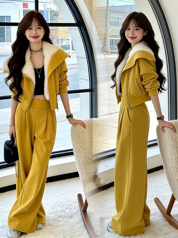 

Women's Fce Lined Hoodie Set Thi Warm Wide Leg Pants Two Piece Suit Winter Faion Casual Comfortable Polyester Blend
