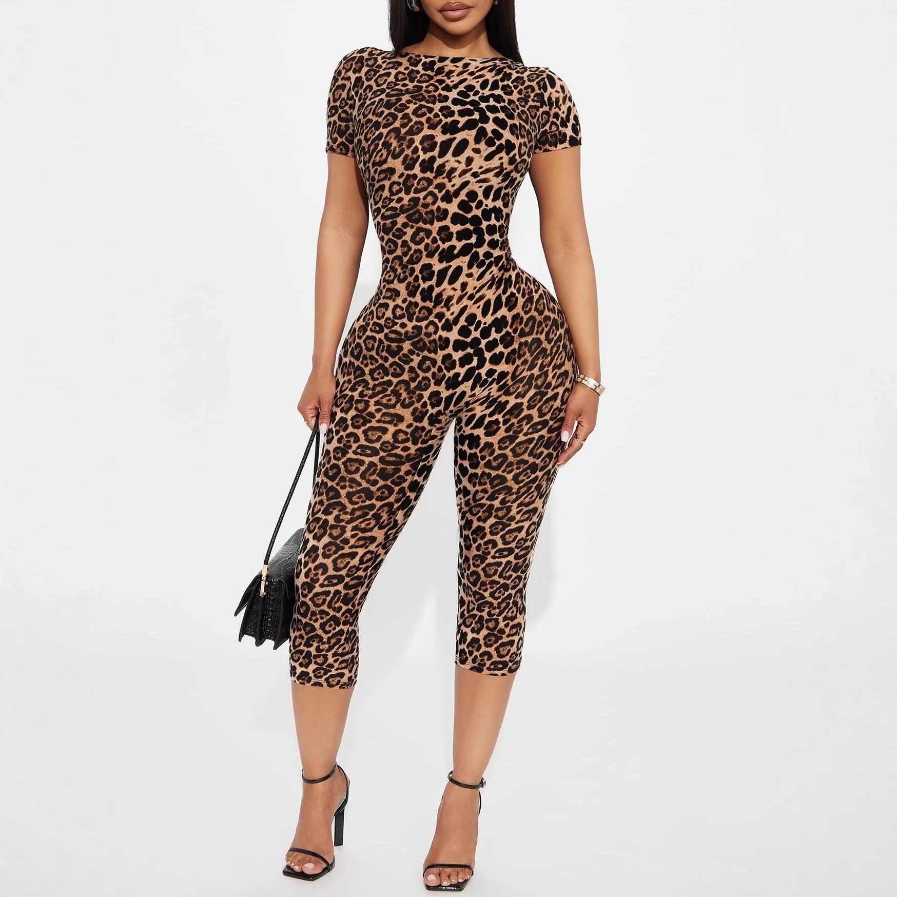 

European And American Women's Clothing 2025 Summer New Leopard Print Short Sleeve Backless Slim Fashion Jumpsuit Women
