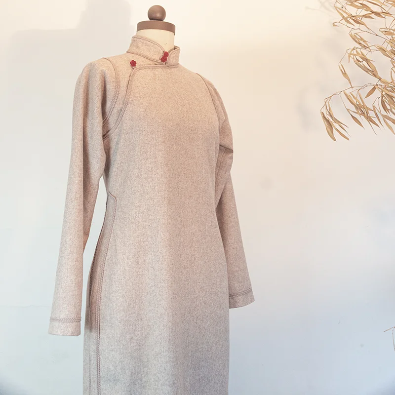 

Молодежное винтажное платье в китайском традиционном стиле с длинными рукавами, из смесовой шерсти, цвета розового рисового молока, зимнее, 930-е годы