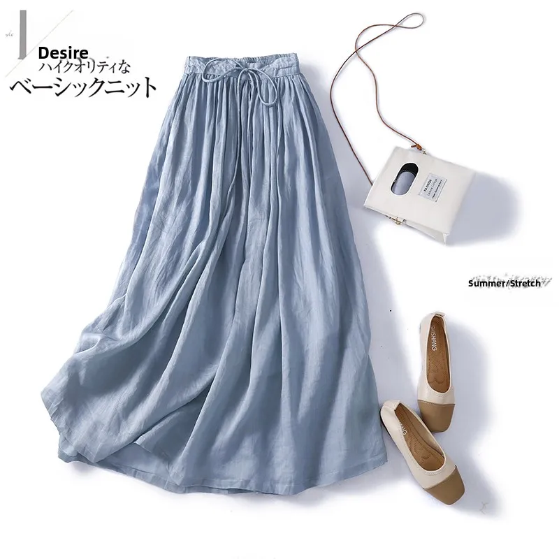 High-End Pure Color Women's Cotton Linen Midi Skirt Elastic Waist Versatile Quality A-Line Simple Style Inner Lined Half-length
