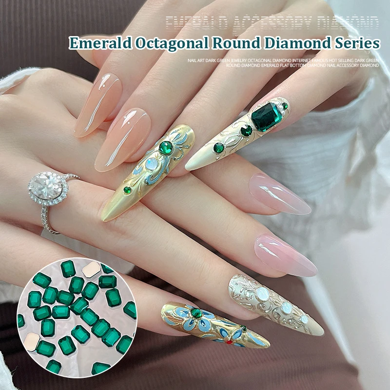 Crystal Rhinestones para Nail Art, costas planas, redondo, octogonal broca, gemas verdes, esmeralda, verde