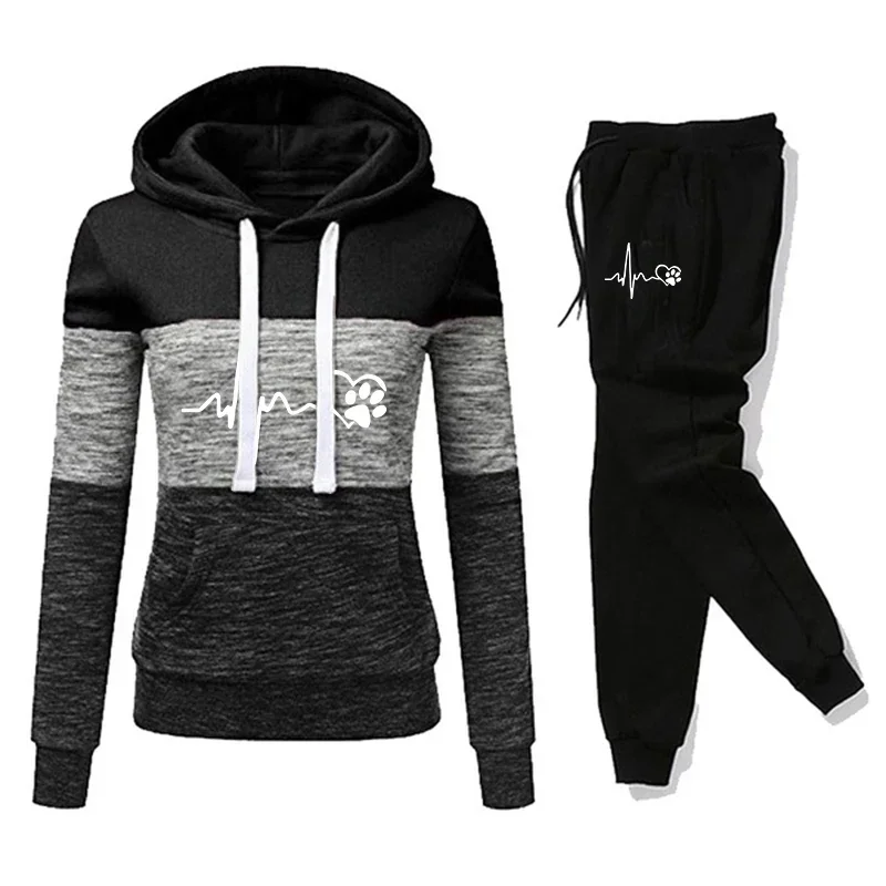 Womens Tracksuit Print Color Block Hooded Sweatshirt Black Sweatpants Fashion Versatile Pullover Street Fashion Casual Outfits