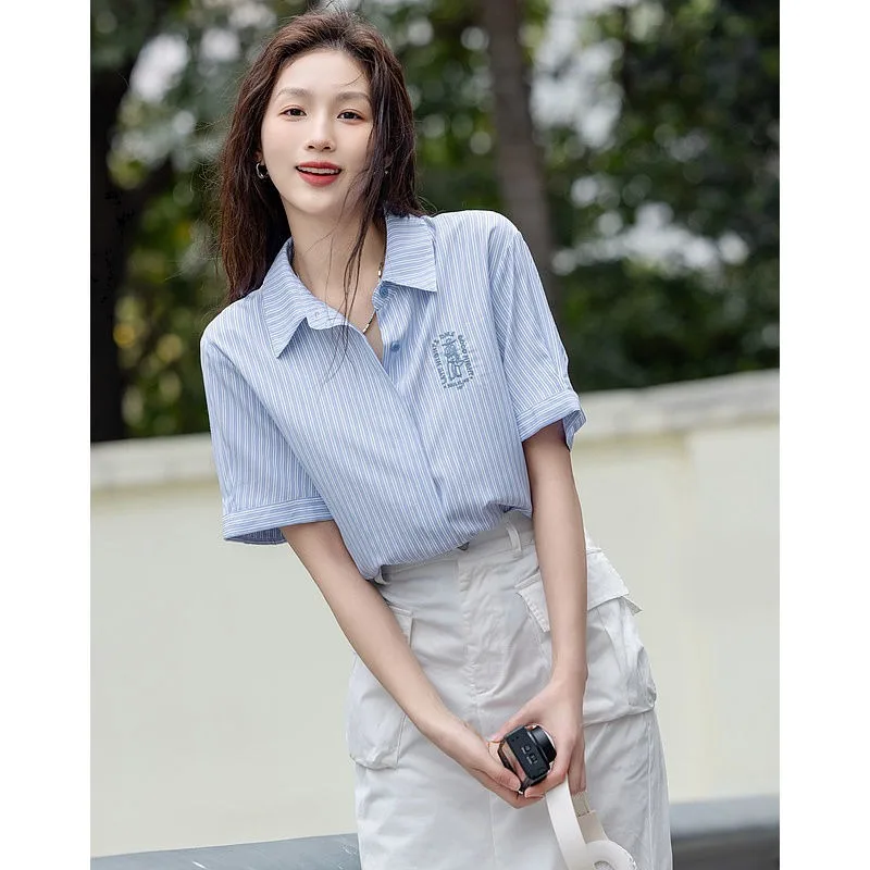 

Women Summer Fashion Embroidered Office Lady Solid Color Short Sleeve Shirts Ladies Simplicity Casual All-match Temperament Tops