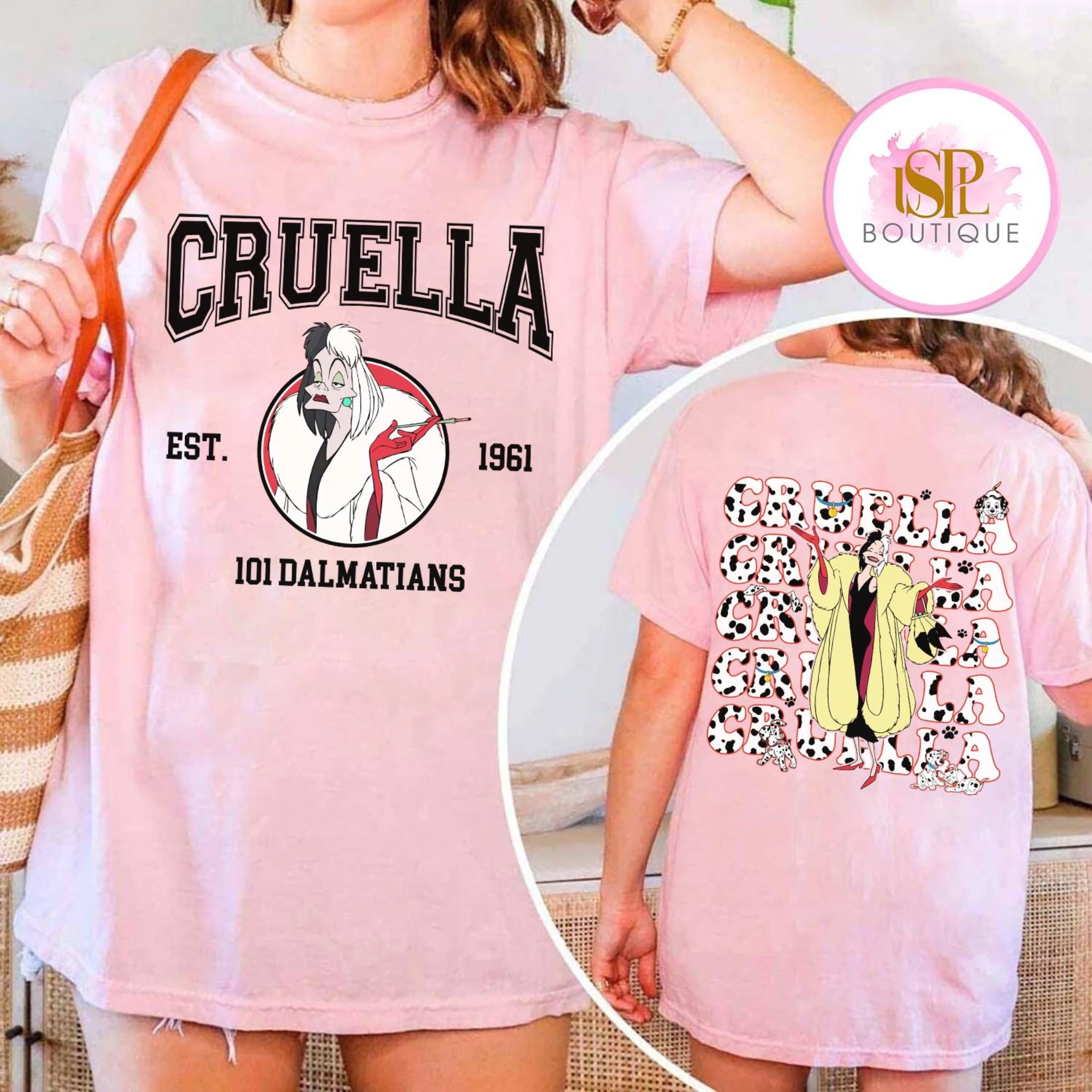 تي شيرت كلاسيكي من Disney Villains Cruella Est 1961 على الوجهين، تي شيرت ديزني 101 Dalmatians Cruella Portrait، قميص عائلة ديزني لاند #5