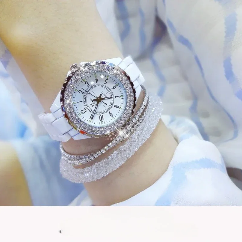 New Luxury Women Watches White Imitation Ceramic Diamond Watch Ladies Female Gift Relogios Femininos Fashion Resin Quartz  Clock