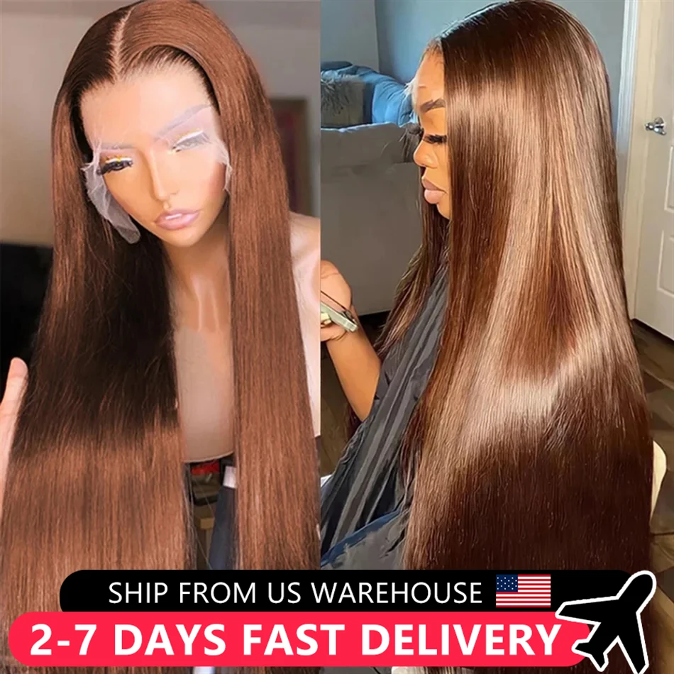 30 Inch Bone Straight Colored Chocolate Brown Lace Front Human Hair Wigs For Women 13x4 HD Transparent Lace Frontal Wig On Sale