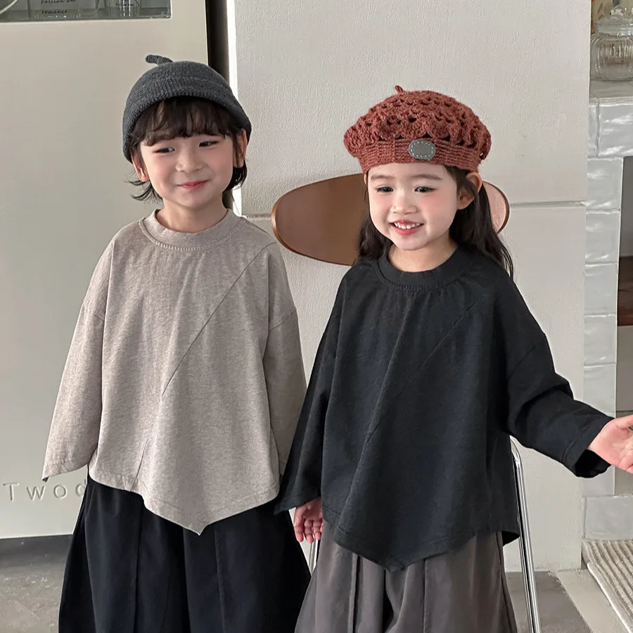 2026 Children's Spring New Long Sleeve Irregular T-shirt for Men and Women Baby Forest Series Simple Base Shirt