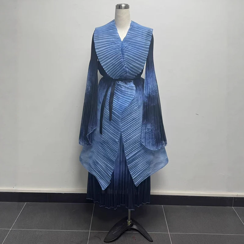 ANLAN Pleated Fashion Printed Light Luxury Women's Camisole Dress Sets And Lapel Lace Up Design Long Coat Two-Piece Set 3AN0891