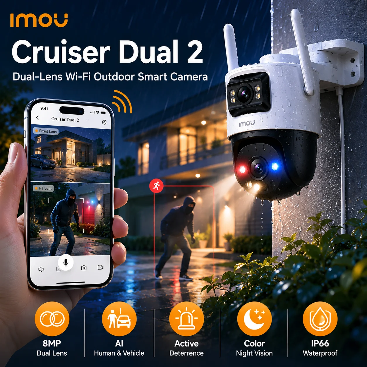 IMOU Cruiser Dual 2 8MP Red-Bule Warning Light Dual Lens Outdoor PTZ WiFi Camera Vehicle & Human Detection Security Camera