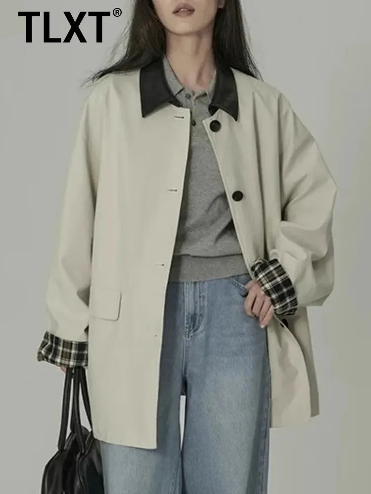 

TLXT Элегантный женский плащ с воротником из искусственной кожи и клетчатыми манжетами, повседневная куртка на пуговицах, верхняя одежда на осень XK1590