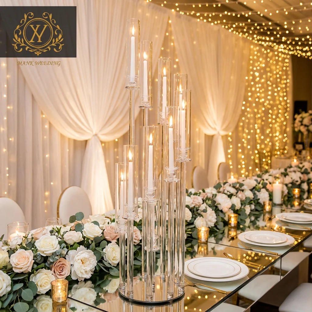 Tall Glass Tube Candelabra Wedding Centerpiece Clear Crystal Candlestick 10 Arms Hurricane Wedding Candle Holder for Party Decor